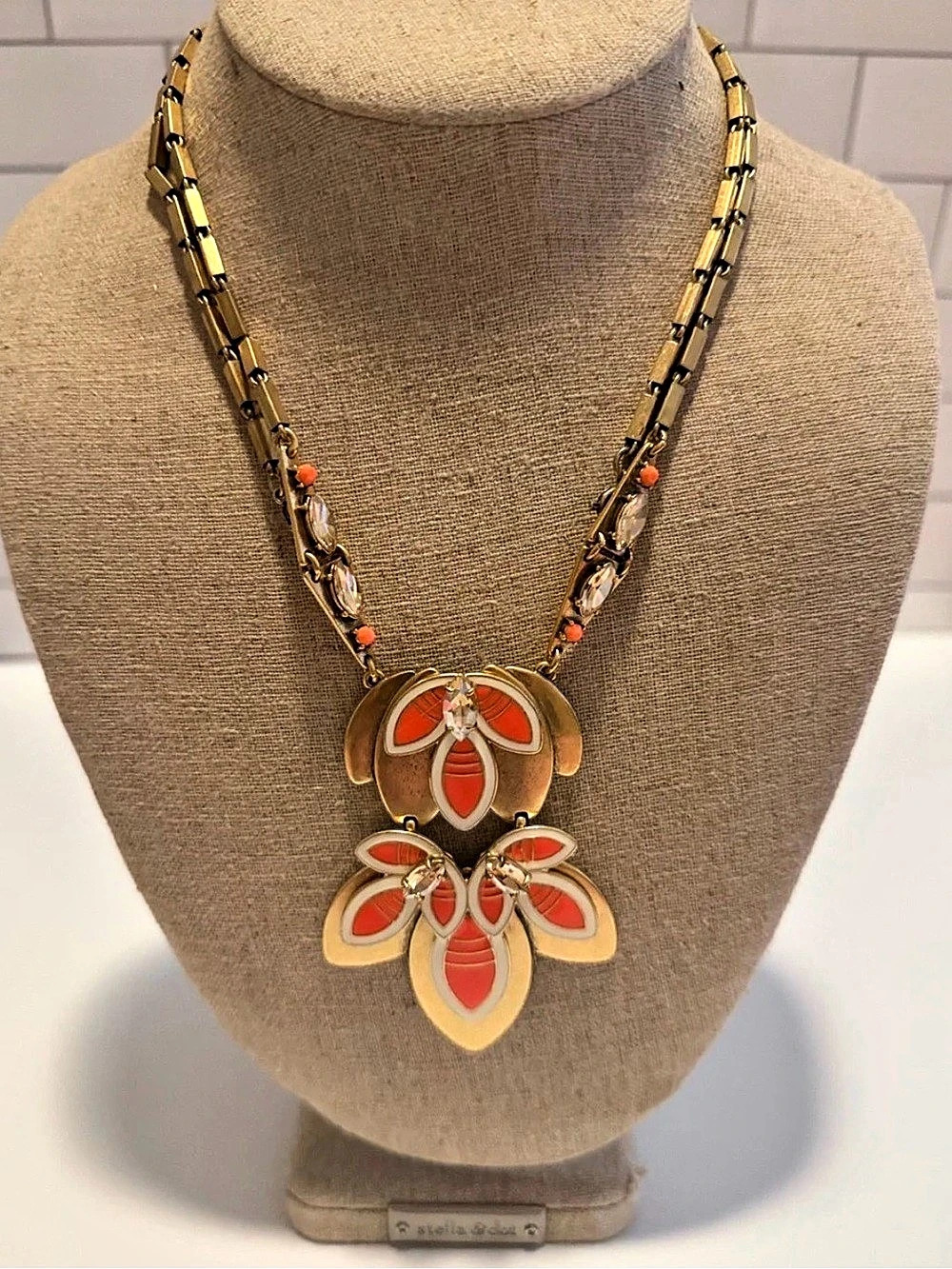 Stella & Dot Pop Geo Pendant Necklace Gold & Orange